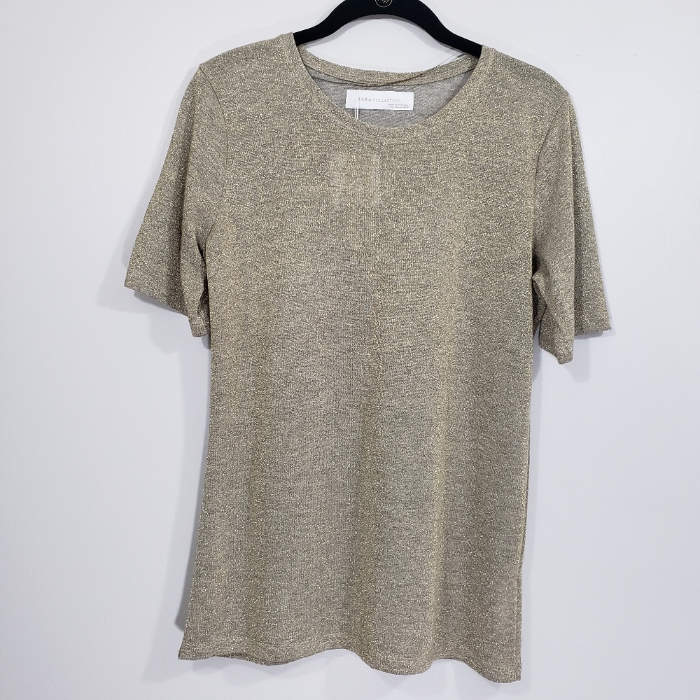 ZARA Woman semi sheer gold sparkle t-shirt Sz L